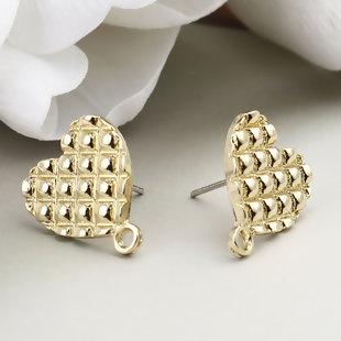10 Gold Earring Post Blanks, Heart ear studs with loop, fin1104