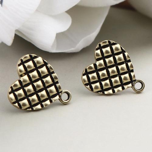 10 Antiqued Gold Earring Post Blanks, Heart ear studs with loop, fin1088