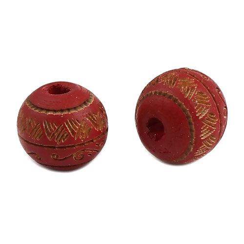 10mm Round Red Wood Beads, Carved Beads, 20 beads, bwd0050