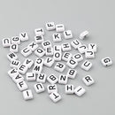 8mm Square Tile Alphabet Beads, White with Black Letters, 2 holes, 200 acrylic beads bac0435