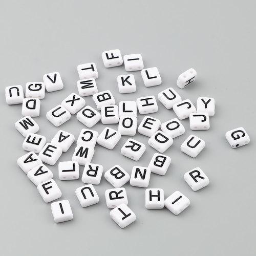 8mm Square Tile Alphabet Beads, White with Black Letters, 2 holes, 200 acrylic beads bac0435