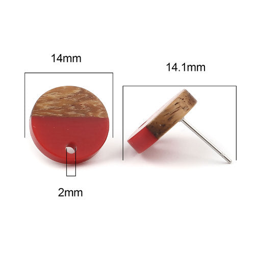 6 Resin and Wood Earring Post Blanks, Red, 14mm dia, fin1144