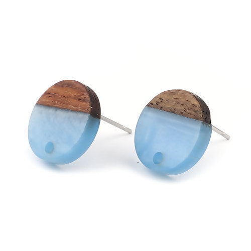 6 Resin and Wood Earring Post Blanks, Ocean Blue, 14mm dia, fin1146