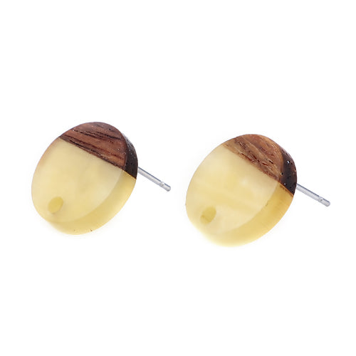 6 Resin and Wood Earring Post Blanks, Yellow, 14mm dia, fin1141