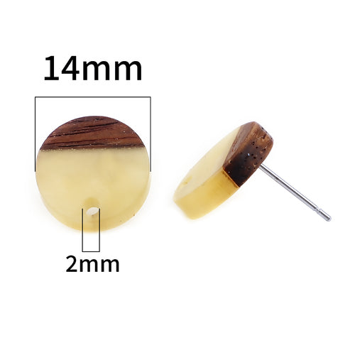 6 Resin and Wood Earring Post Blanks, Yellow, 14mm dia, fin1141