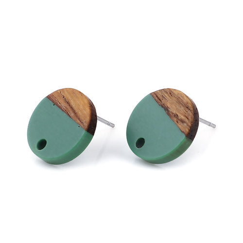 6 Resin and Wood Earring Post Blanks, Green, 14mm dia, fin1143