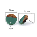 6 Resin and Wood Earring Post Blanks, Green, 14mm dia, fin1143