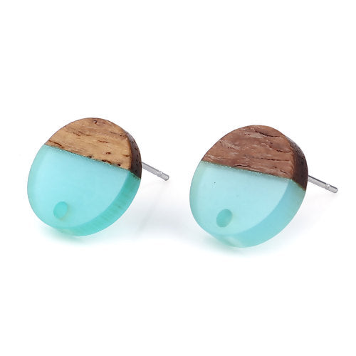 6 Resin and Wood Earring Post Blanks, Turquoise Blue Green, 14mm dia, fin1142