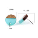 6 Resin and Wood Earring Post Blanks, Turquoise Blue Green, 14mm dia, fin1142