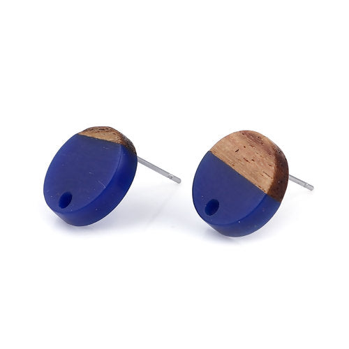 6 Resin and Wood Earring Post Blanks, Dark Blue, 14mm dia, fin1145