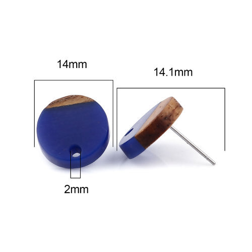 6 Resin and Wood Earring Post Blanks, Dark Blue, 14mm dia, fin1145