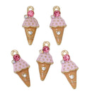 5 ICE CREAM CONE Charm Pendants, Gold-Plated Rhinestone, che0498