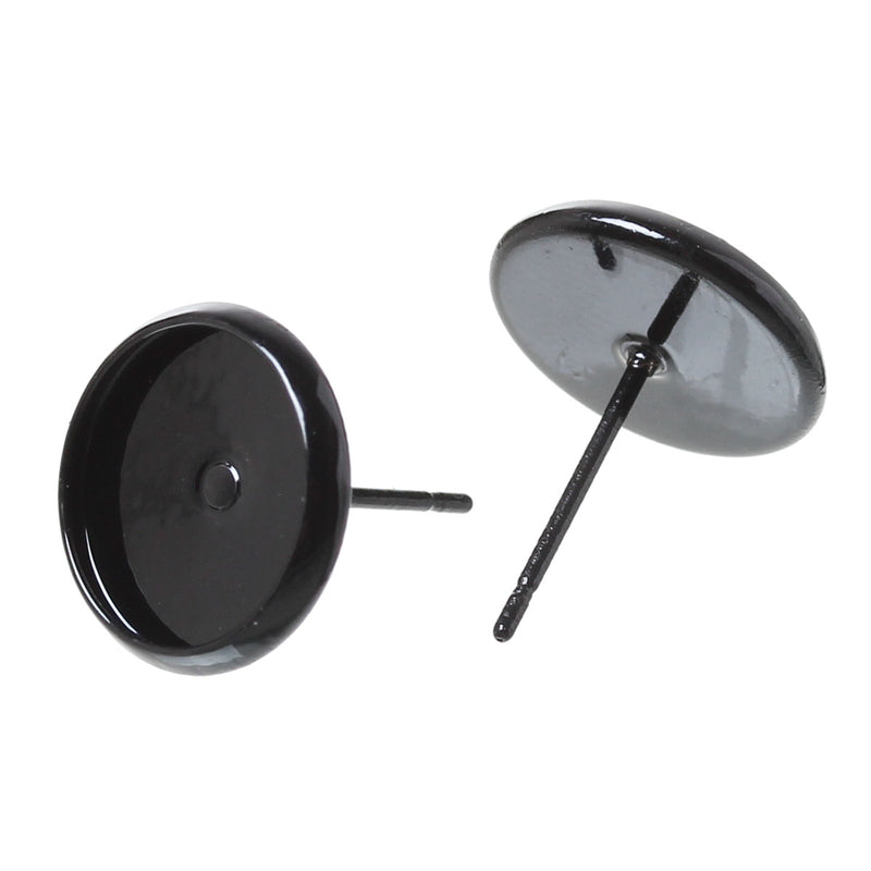 30 Black Post Earring Blanks, cabochon bezel setting POST back earrings, fits 10mm round inside tray fin0720