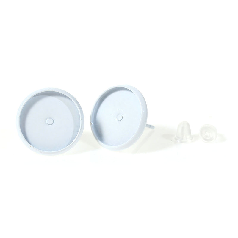 20 White Post Earring Blanks, cabochon bezel setting POST back earrings, fits 12mm round inside tray fin0721