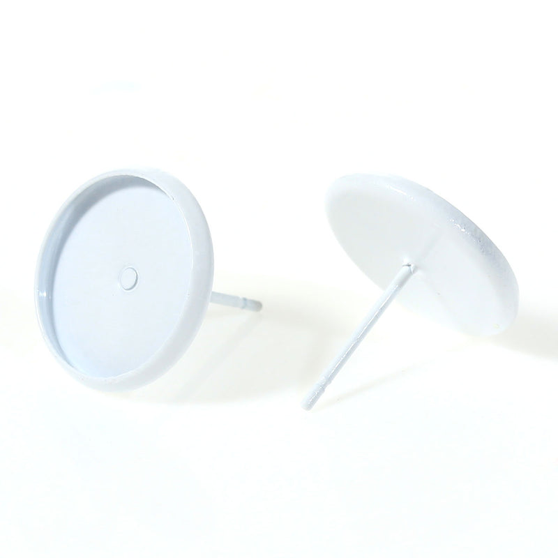 20 White Post Earring Blanks, cabochon bezel setting POST back earrings, fits 12mm round inside tray fin0721