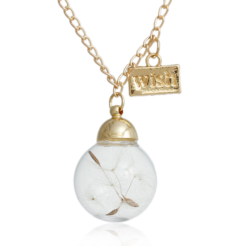 Dandelion Necklace with glass globe and WISH charm, gold plated chain, 30" long, jlr0179