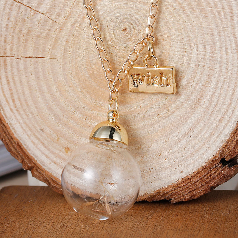 Dandelion Necklace with glass globe and WISH charm, gold plated chain, 30" long, jlr0179