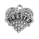 2 BLESSED Charms, Rhinestone Heart Charms, Clear Rhinestone Heart Silver Tone Charm Pendants, 21mm, chs3228