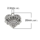 2 BLESSED Charms, Rhinestone Heart Charms, Clear Rhinestone Heart Silver Tone Charm Pendants, 21mm, chs3228