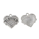 2 BLESSED Charms, Rhinestone Heart Charms, Clear Rhinestone Heart Silver Tone Charm Pendants, 21mm, chs3228