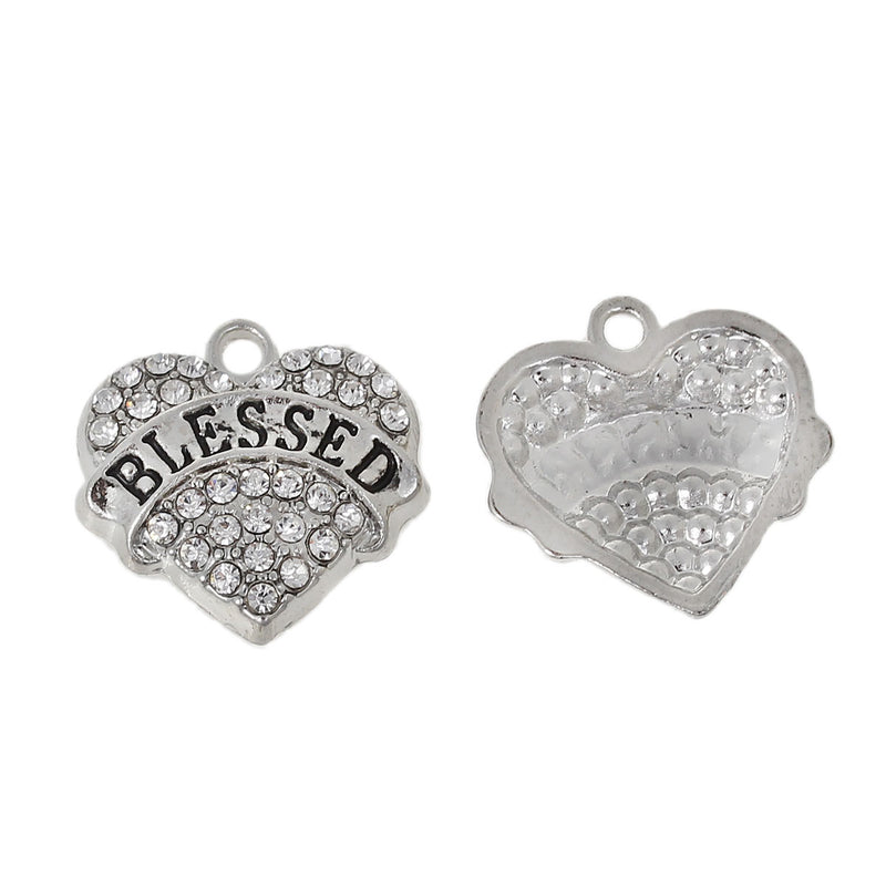 2 BLESSED Charms, Rhinestone Heart Charms, Clear Rhinestone Heart Silver Tone Charm Pendants, 21mm, chs3228