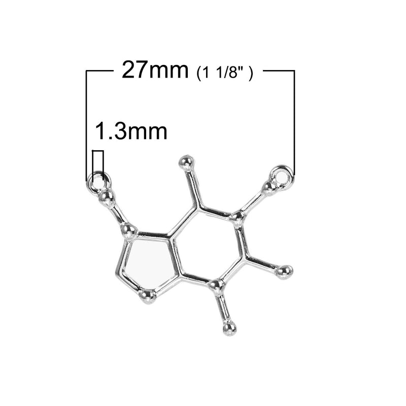 5 CAFFEINE Molecule Chemistry Charms, Silver Tone Charm Pendants, Science Charms, 27x23mm, chs3469