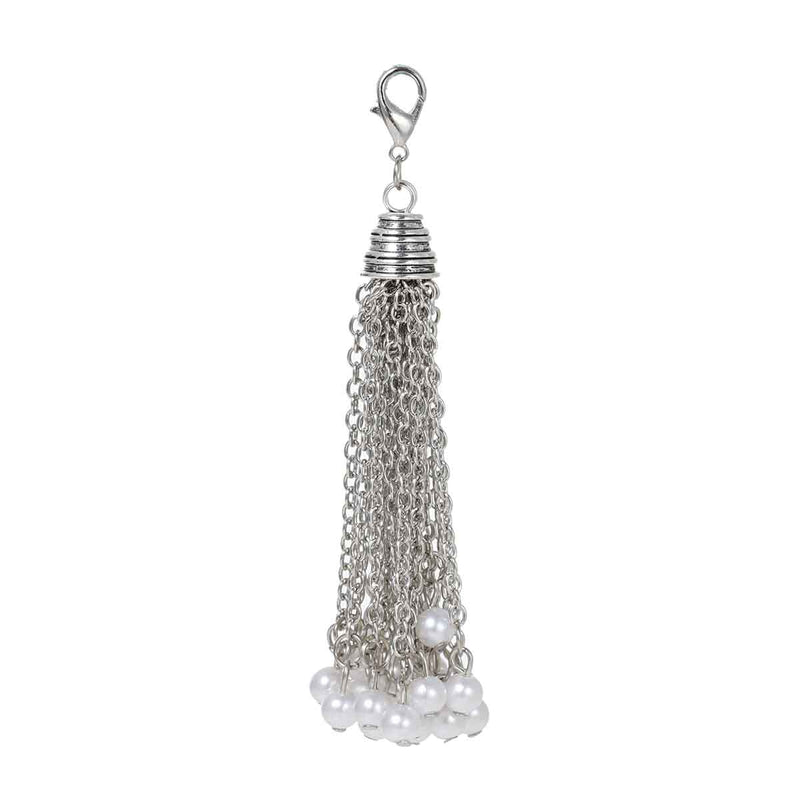 1 Silver Tone Pearl Tassel Pendant Charm, glass pearl tassels, about 4" long, lobster clasp, chs2401