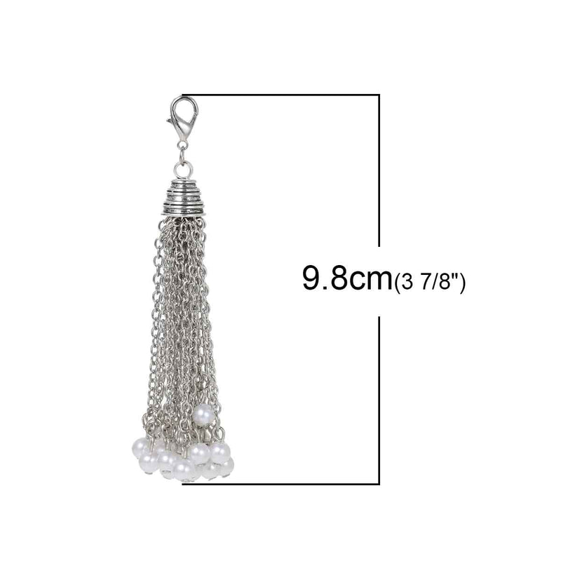 1 Silver Tone Pearl Tassel Pendant Charm, glass pearl tassels, about 4" long, lobster clasp, chs2401