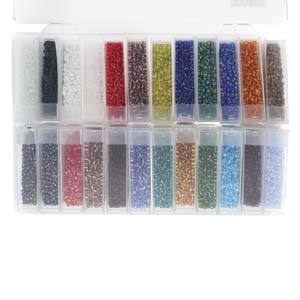 Seed Bead Assortment Kit, 11/0 beads, 24 flip top tubes with glass beads and storage box, bsd0770