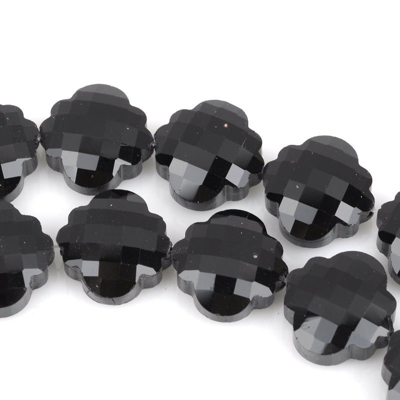 10 JET BLACK QUATREFOIL Crystal Glass Beads, checkerboard faceted,  20mm, bgl1351