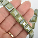 12mm OLIVE GREEN SWIRL Square Crystal Glass Beads x15 beads bgl1744