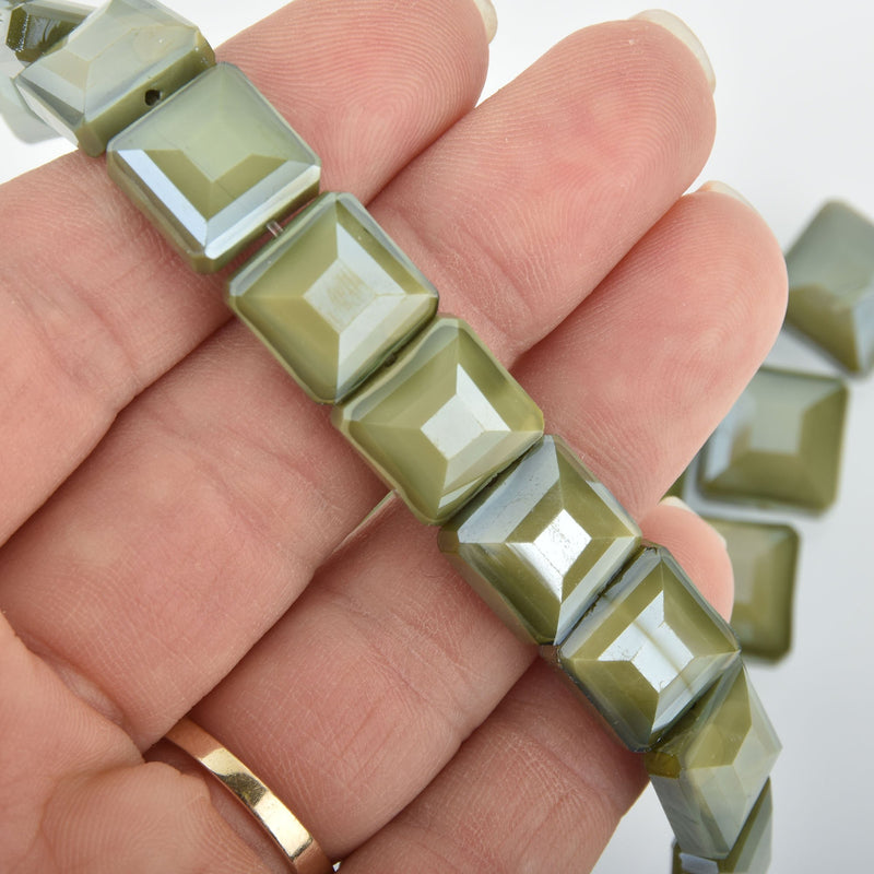 12mm OLIVE GREEN SWIRL Square Crystal Glass Beads x15 beads bgl1744