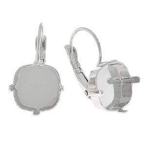 2 Leverback Gita Earring Blanks, fits 12mm Square Cushion Stone in Setting, Silver Rhodium Plated, fin1044