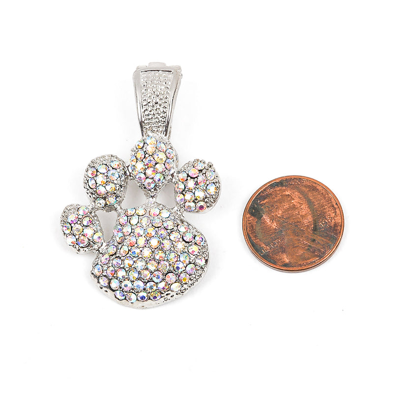 1 Large Pendant, CLEAR AB Rhinestone Paw Print on Silver Metal, magnetic clasp bail, removeable . chs1698