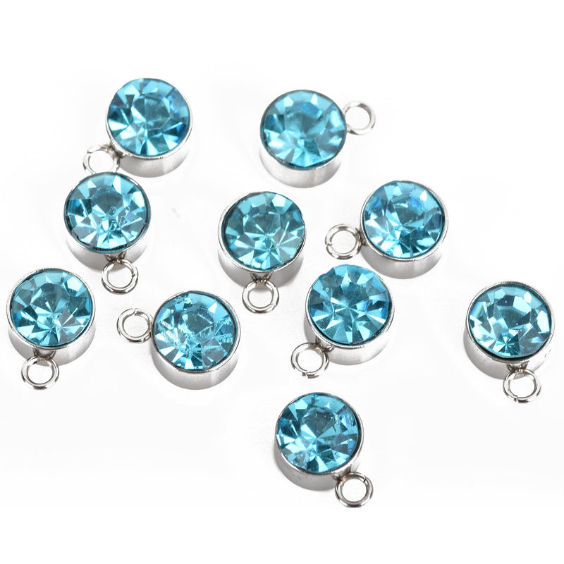 10 AQUAMARINE BLUE Drop Charms 6mm Stainless Steel and Rhinestone Crystal Dot Charms chs3175