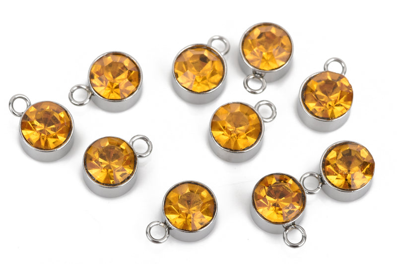 10 YELLOW TOPAZ Drop Charms, 6mm Stainless Steel and Rhinestone Crystal Dot Charms, chs3296