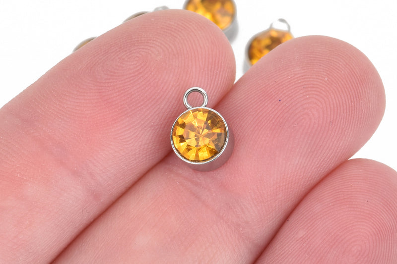 10 YELLOW TOPAZ Drop Charms, 6mm Stainless Steel and Rhinestone Crystal Dot Charms, chs3296