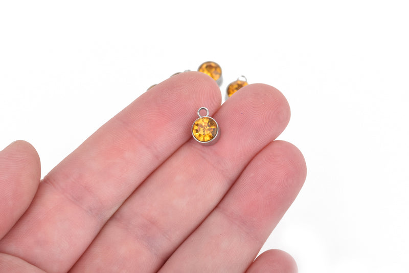 10 YELLOW TOPAZ Drop Charms, 6mm Stainless Steel and Rhinestone Crystal Dot Charms, chs3296