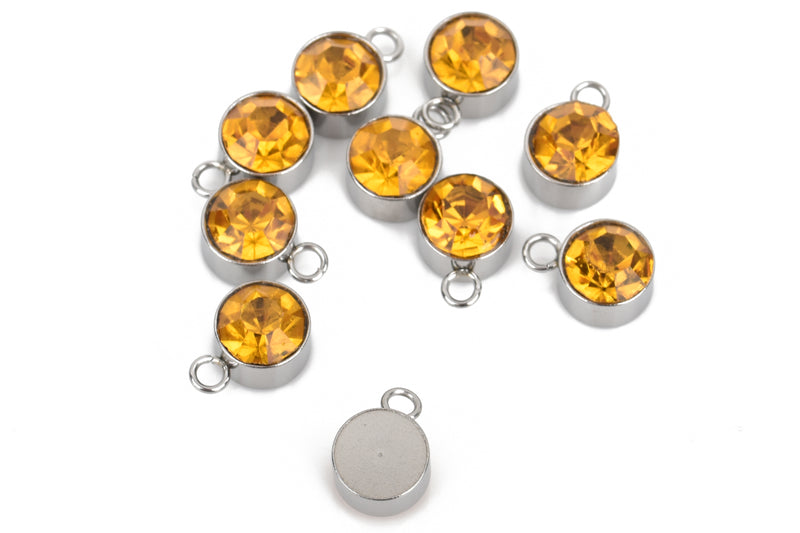 10 YELLOW TOPAZ Drop Charms, 6mm Stainless Steel and Rhinestone Crystal Dot Charms, chs3296