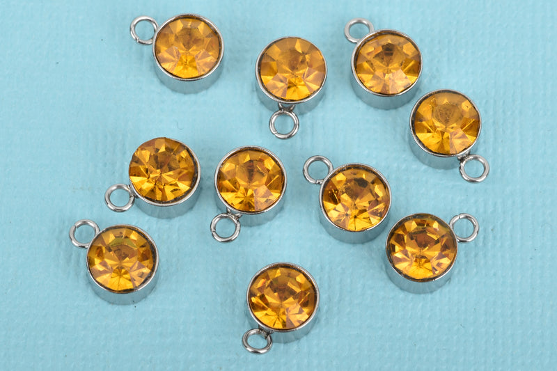 10 YELLOW TOPAZ Drop Charms, 6mm Stainless Steel and Rhinestone Crystal Dot Charms, chs3296