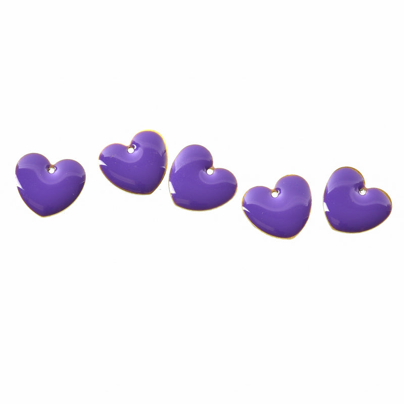 5 PURPLE Enamel Heart Charms, double sided, 15x14mm, chs3361