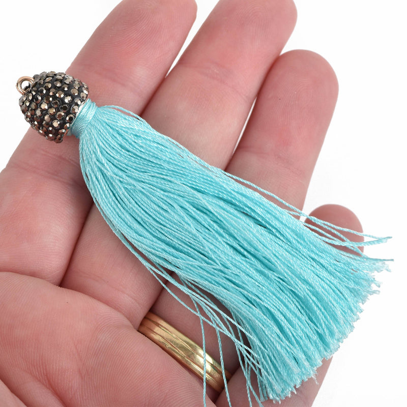 AQUA BLUE Tassel Pendant, Tassel Necklace Enhancer, Rayon Fibers, Lt Gold Loop, Pave' Rhinestone Bail, about 3-1/4" long, chs3539