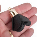 5 BLACK Flower Rose Tassel Charm Pendants, faux leather, light gold plated cap, 2" long, chs3583