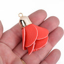 5 RED Flower Rose Tassel Charm Pendants, faux leather, light gold plated cap, 2" long, chs3584