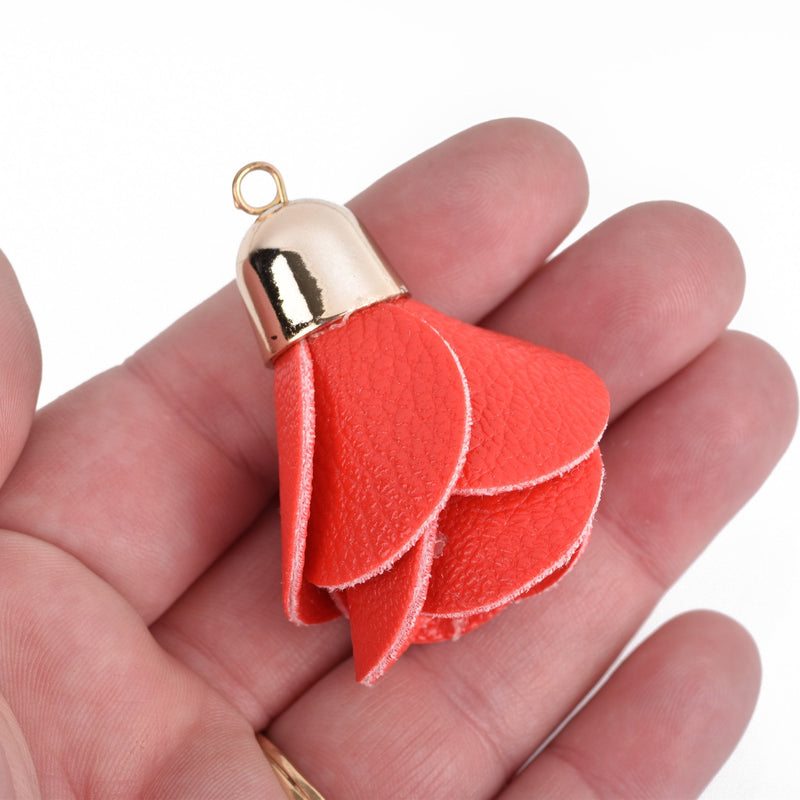 5 RED Flower Rose Tassel Charm Pendants, faux leather, light gold plated cap, 2" long, chs3584