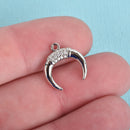 SILVER Double Horn Charm with Rhinestones, Crescent Horn, Pavé Pendant, Upside Down Moon, 15mm (5/8") chs3593
