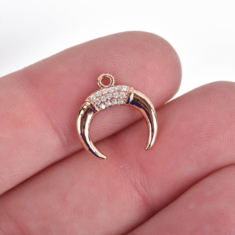 ROSE GOLD Double Horn Charm with Rhinestones, Crescent Horn, Pavé Pendant, Upside Down Moon, 15mm (5/8") chs3595