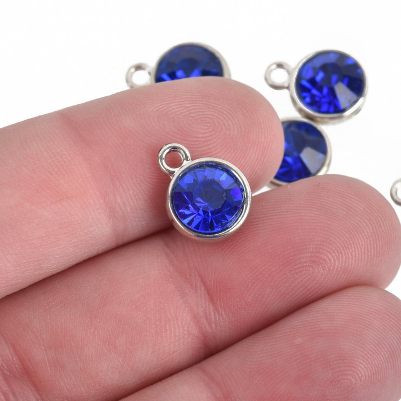 5 SAPPHIRE BLUE Drop Charms, 10mm Stainless Steel and Rhinestone Crystal Dot Charms, chs3631