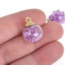 5 Glass Ball Charms, round globe glass vial with sparkly PURPLE CRYSTALS, gold bail top, 22x16mm, chs3665
