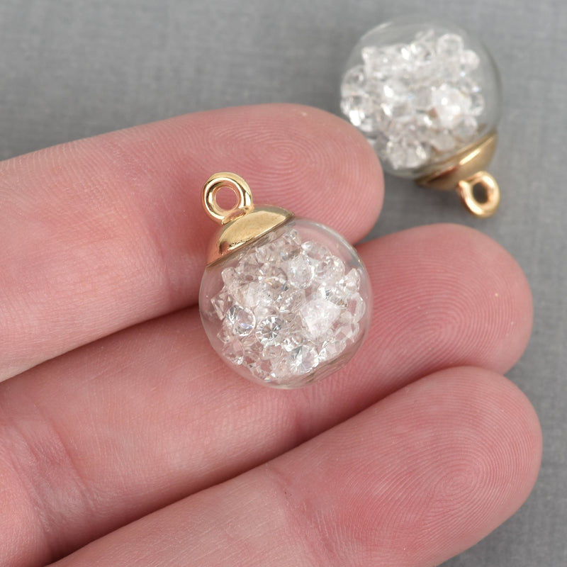 5 Glass Ball Charms, round globe glass vial with sparkly CLEAR CRYSTALS, gold bail top, 22x16mm, chs3666